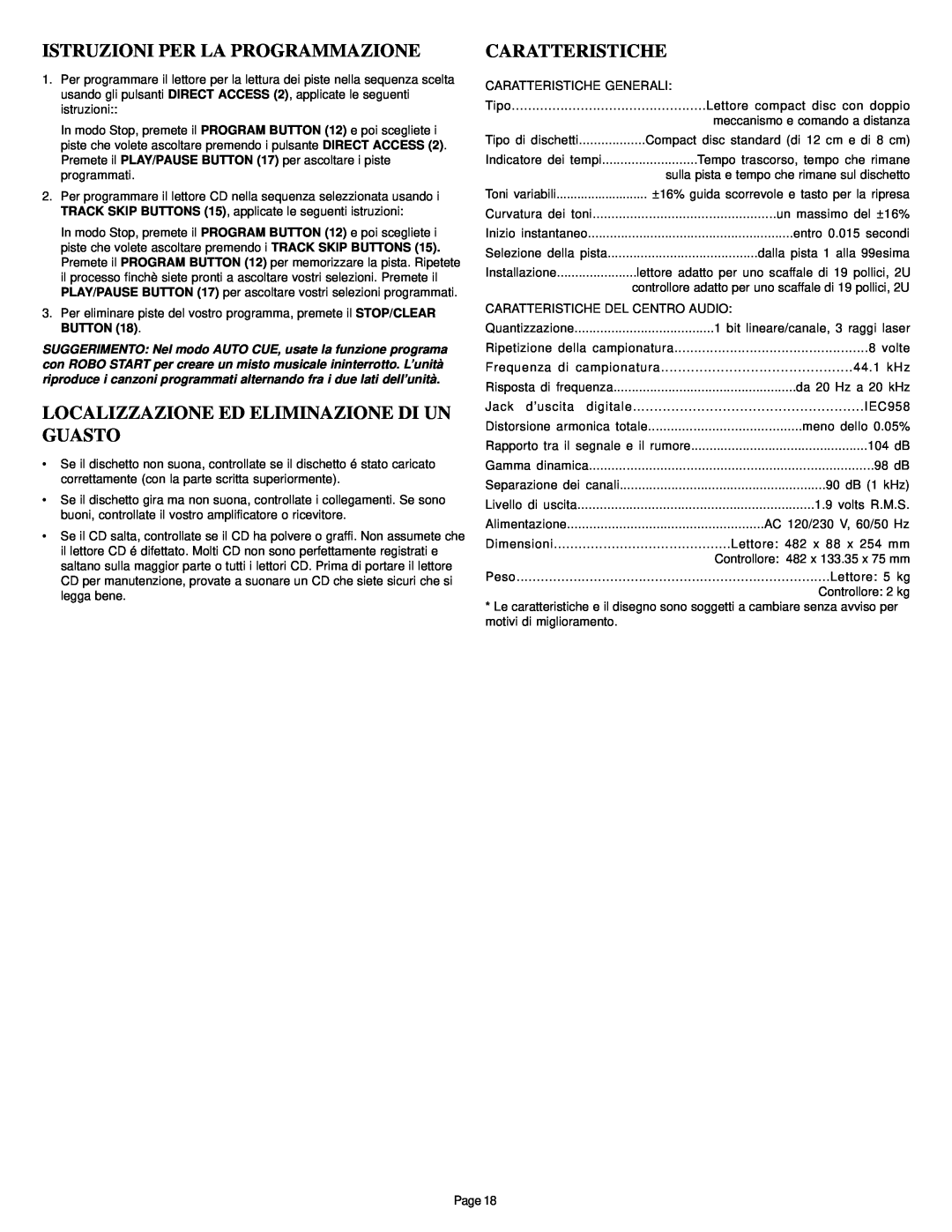 Gemini CD-340 manual Istruzioni Per La Programmazione, Localizzazione Ed Eliminazione Di Un Guasto, Caratteristiche 