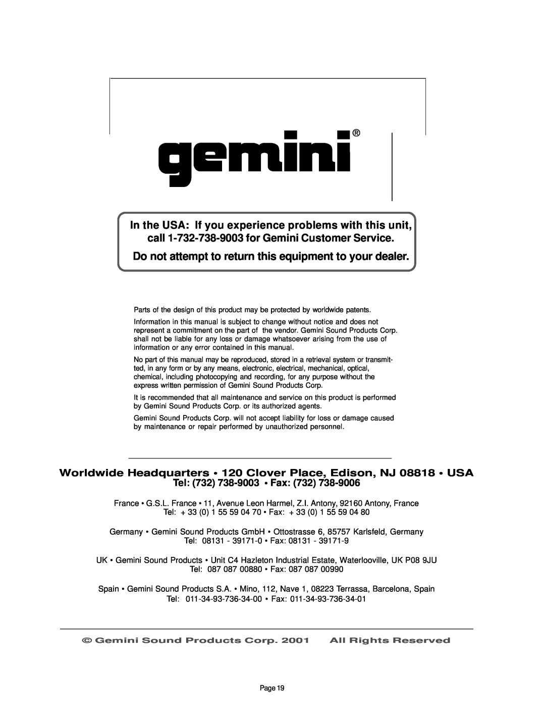 Gemini CD-340 manual Tel: 732 738-9003• Fax: 732, call 1-732-738-9003for Gemini Customer Service 