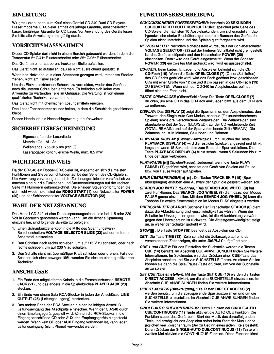 Gemini CD-340 manual Einleitung, Vorsichtsmassnahmen, Sicherheitsbescheinigung, Wichtiger Hinweis, Wahl Der Netzspannung 
