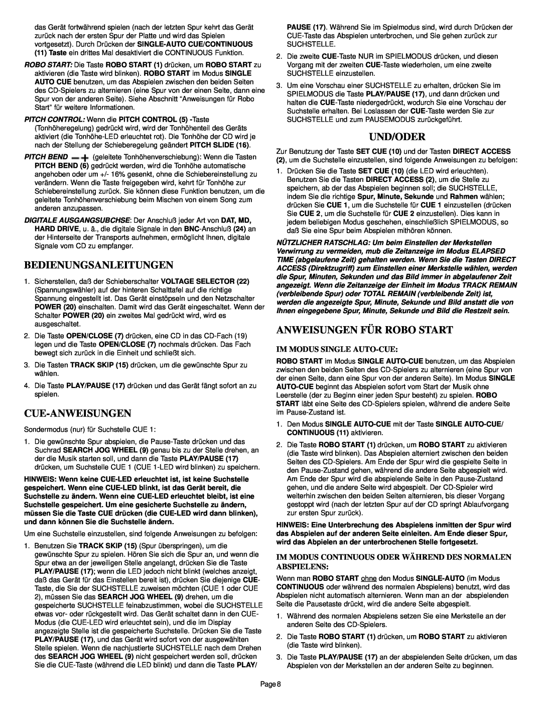 Gemini CD-340 manual Bedienungsanleitungen, Cue-Anweisungen, Und/Oder, Anweisungen Für Robo Start, Im Modus Single Auto-Cue 