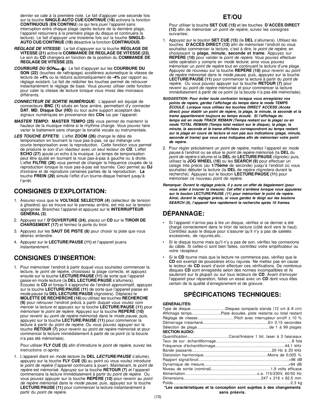 Gemini CD-400X instruction manual Consignes D’EXPLOITATION 