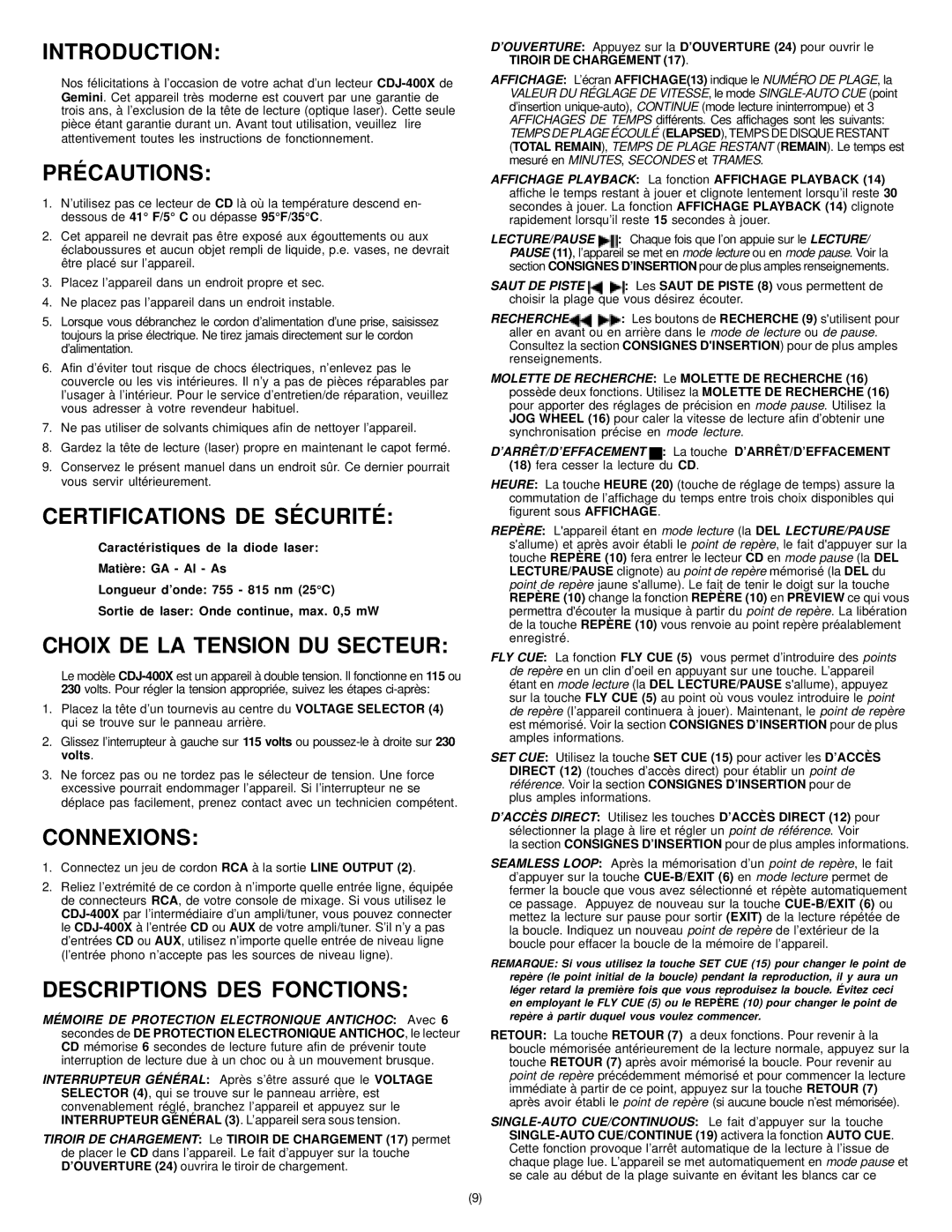 Gemini CD-400X instruction manual Précautions, Certifications DE Sécurité, Choix DE LA Tension DU Secteur, Connexions 