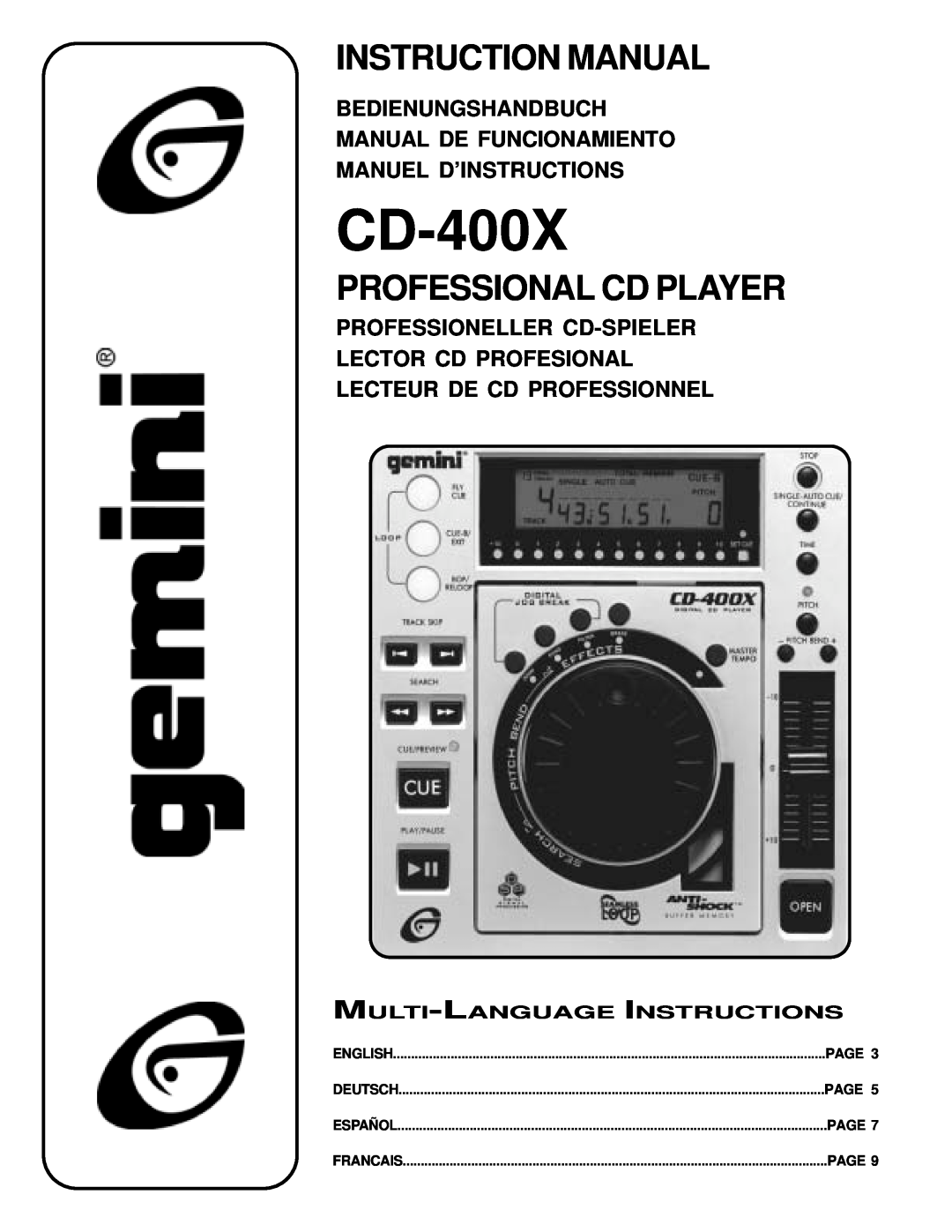 Gemini CD-400X instruction manual Bedienungshandbuch Manual De Funcionamiento, Manuel D’Instructions, English, Page 