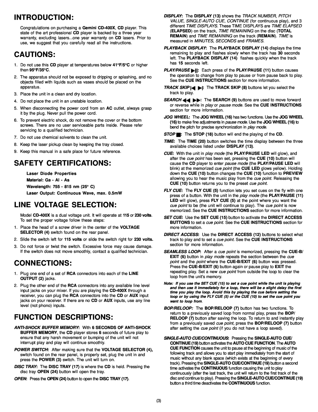 Gemini CD-400X Introduction, Cautions, Safety Certifications, Line Voltage Selection, Connections, Function Descriptions 