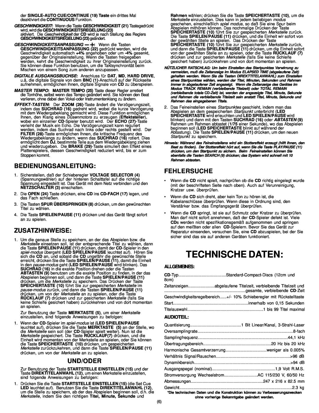 Gemini CD-400X Technische Daten, Bedienungsanleitung, Zusatzhinweise, Und/Oder, Fehlersuche, Allgemeines, Audioteil 