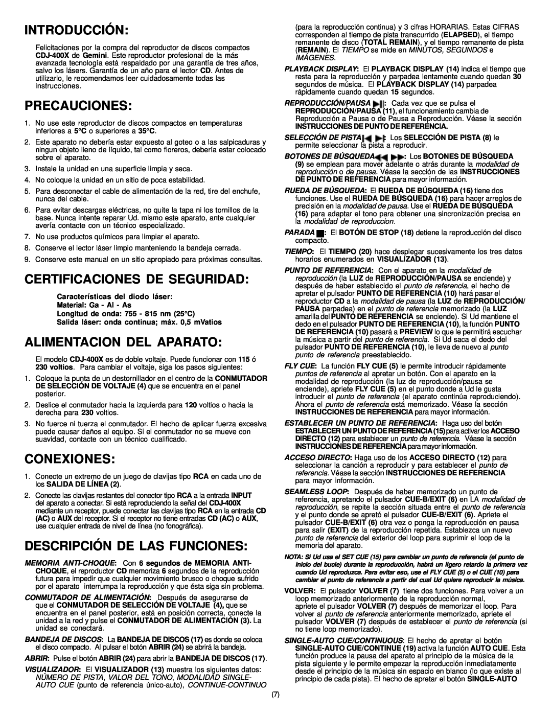 Gemini CD-400X Introducción, Precauciones, Certificaciones De Seguridad, Alimentacion Del Aparato, Conexiones, Imágenes 