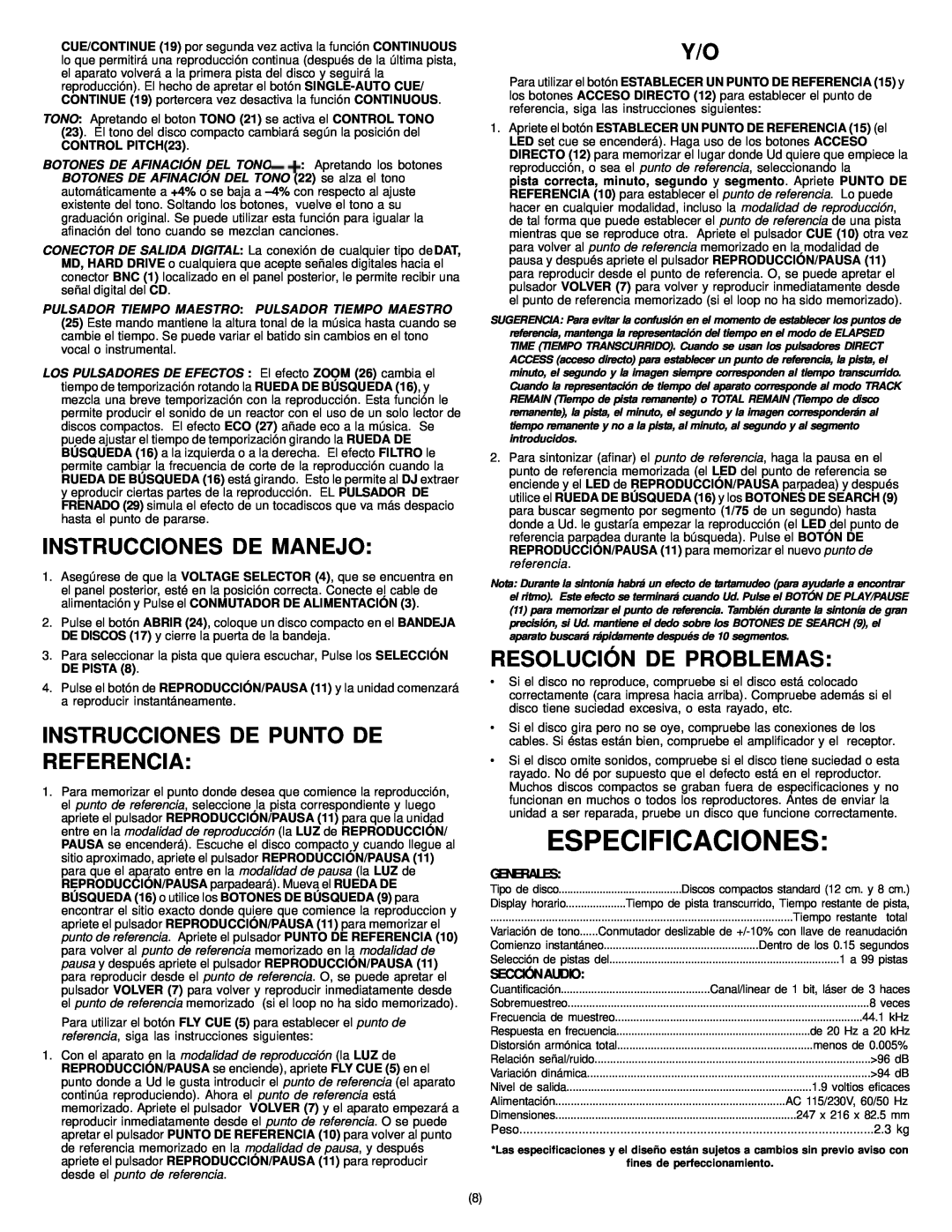 Gemini CD-400X Especificaciones, Instrucciones De Manejo, Instrucciones De Punto De Referencia, Resolución De Problemas 