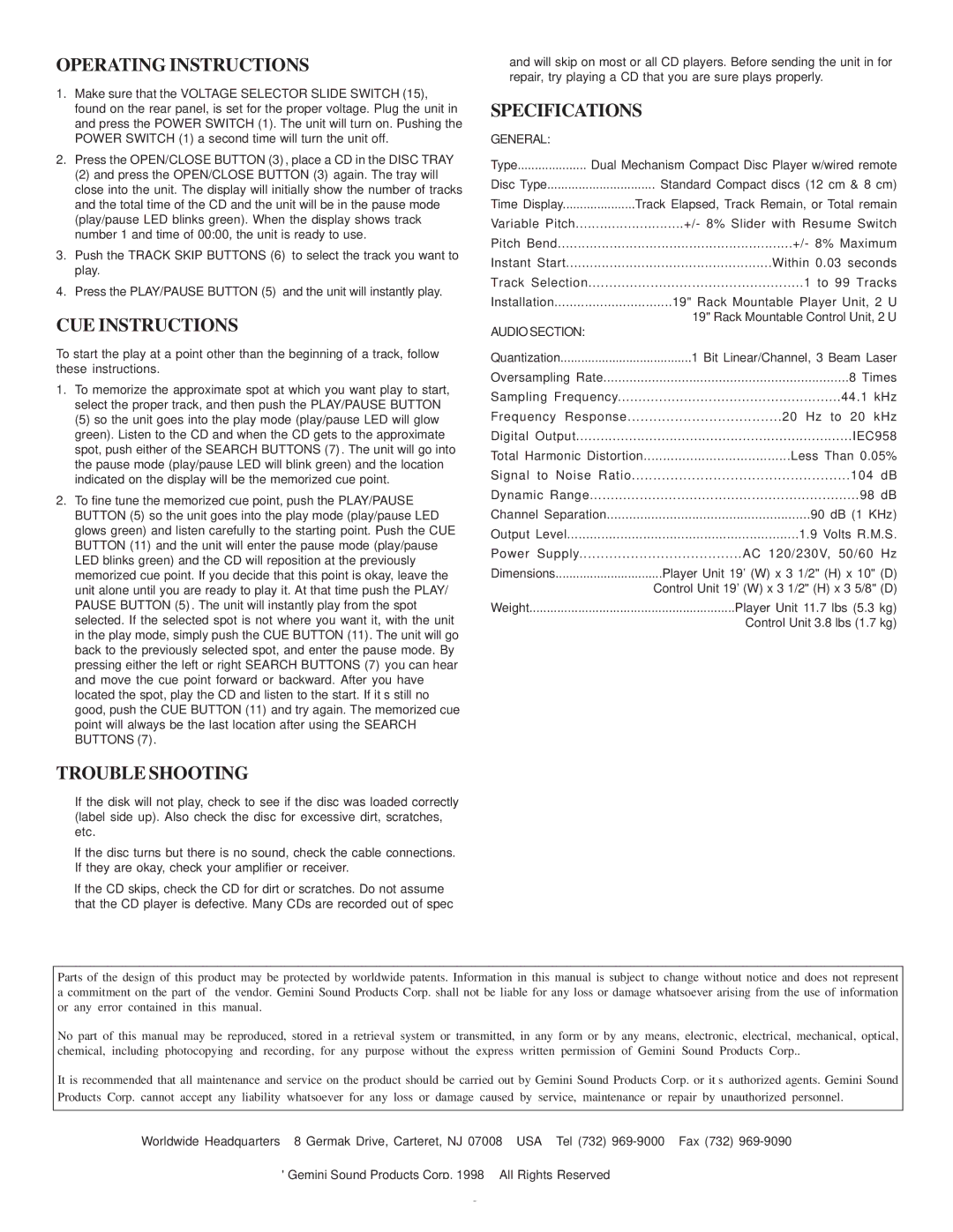 Gemini CD-9500 Pro III manual Operating Instructions, CUE Instructions, Specifications, Trouble Shooting 