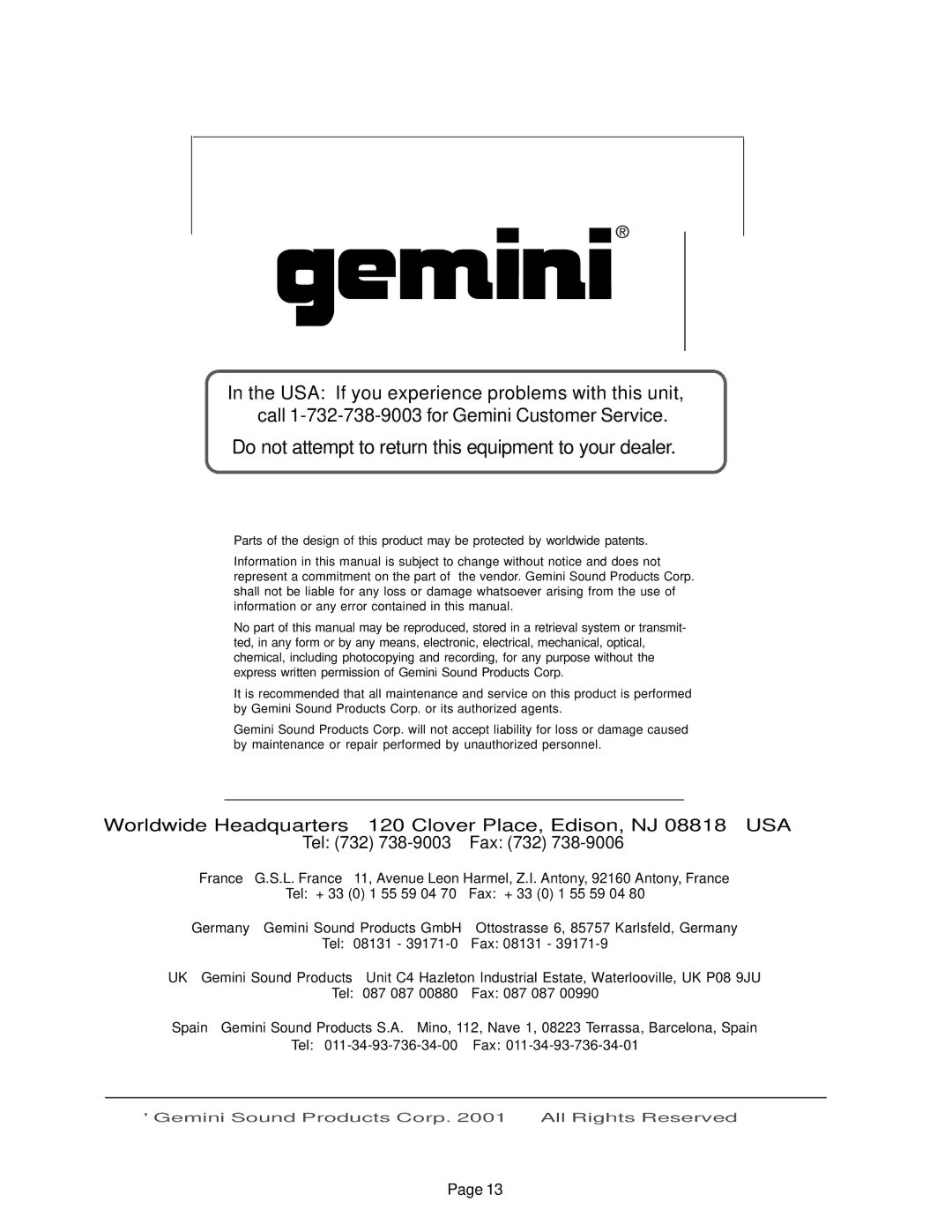 Gemini CD-9500 instruction manual Do not attempt to return this equipment to your dealer 