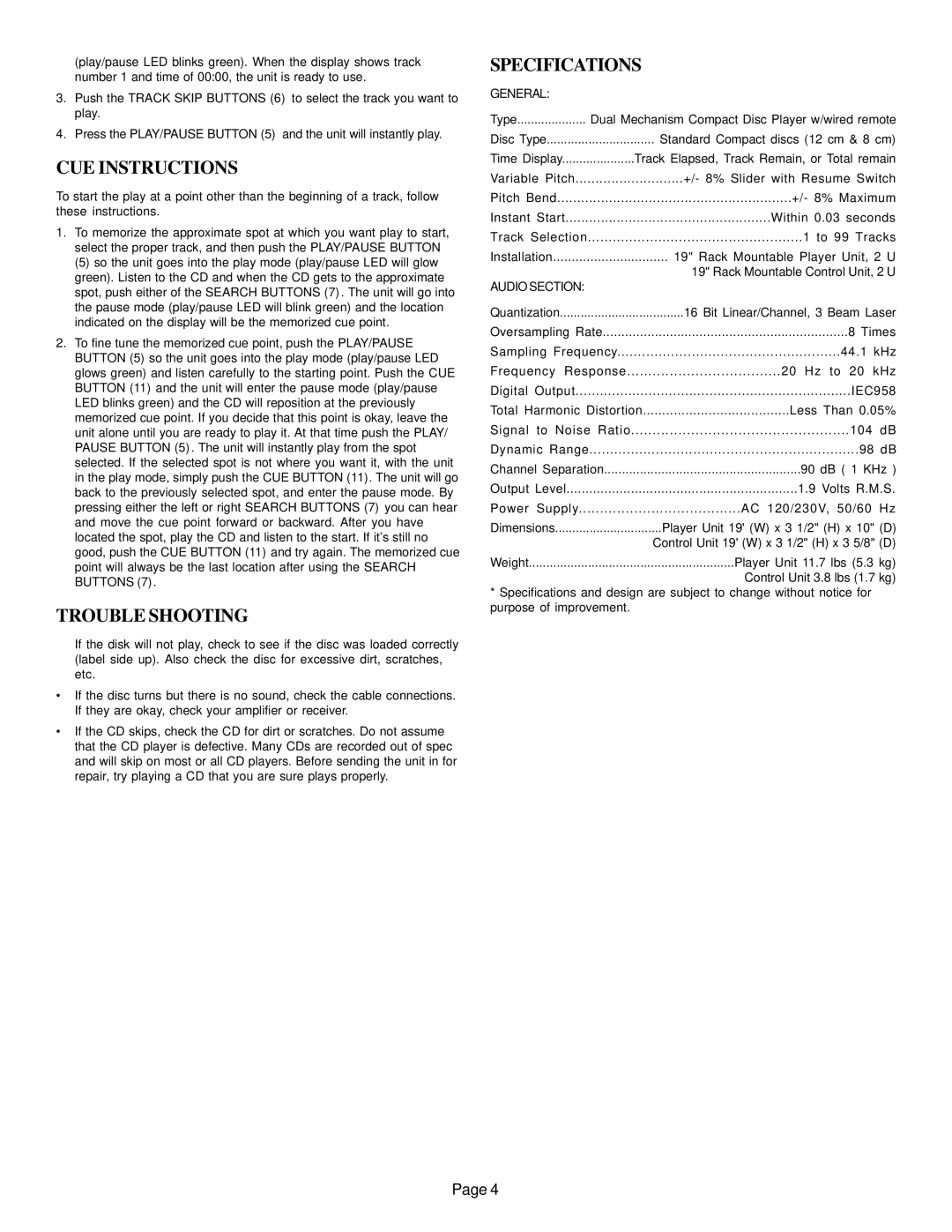 Gemini CD-9500 instruction manual CUE Instructions, Trouble Shooting, Specifications, General, Audio Section 