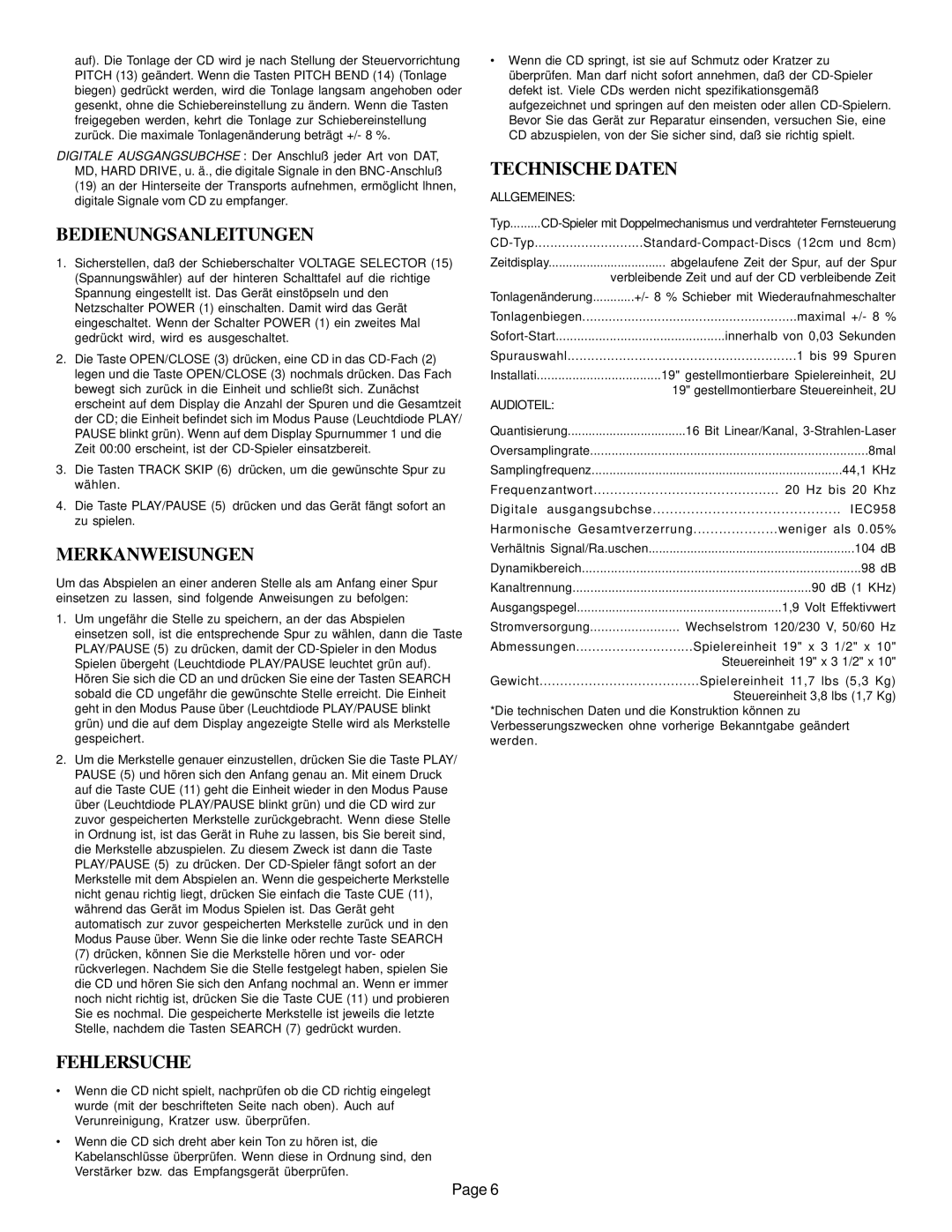 Gemini CD-9500 instruction manual Bedienungsanleitungen, Merkanweisungen, Fehlersuche, Technische Daten 