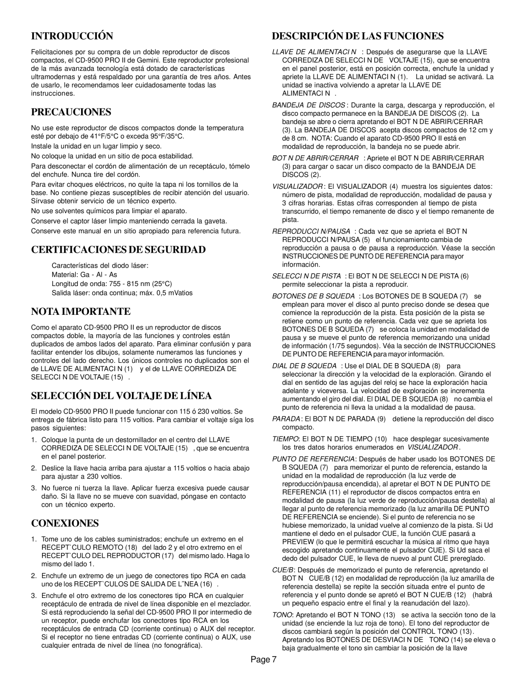 Gemini CD-9500 Introducción, Precauciones, Certificaciones DE Seguridad, Nota Importante, Selección DEL Voltaje DE Línea 