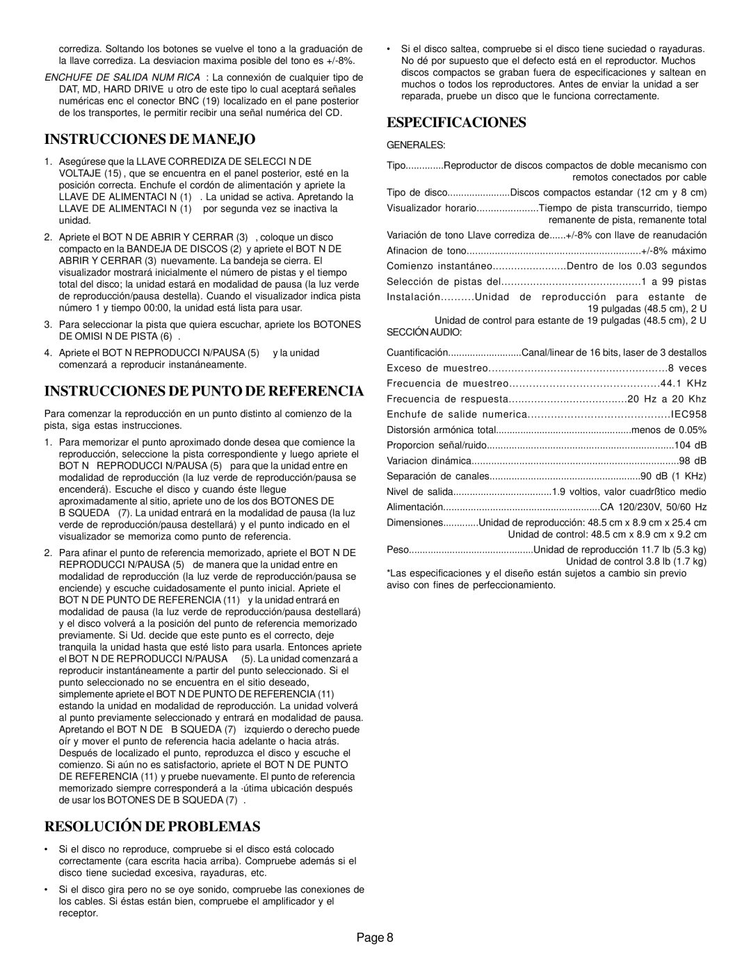 Gemini CD-9500 Instrucciones DE Manejo, Instrucciones DE Punto DE Referencia, Resolución DE Problemas, Especificaciones 