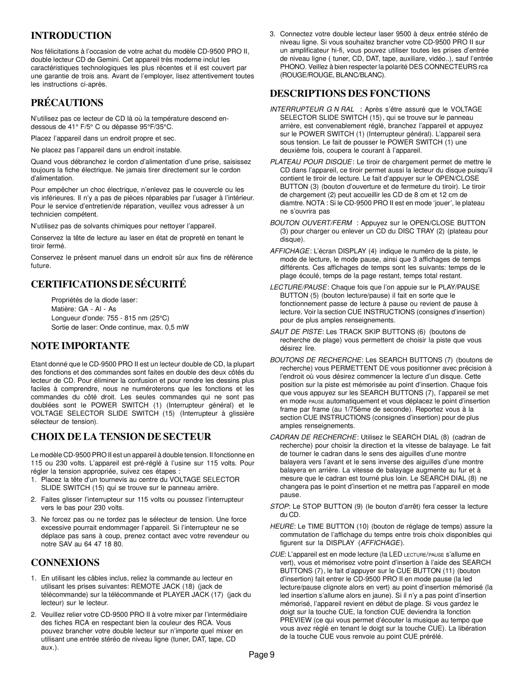 Gemini CD-9500 instruction manual Précautions, Certifications DE Sécurité, Choix DE LA Tension DE Secteur, Connexions 