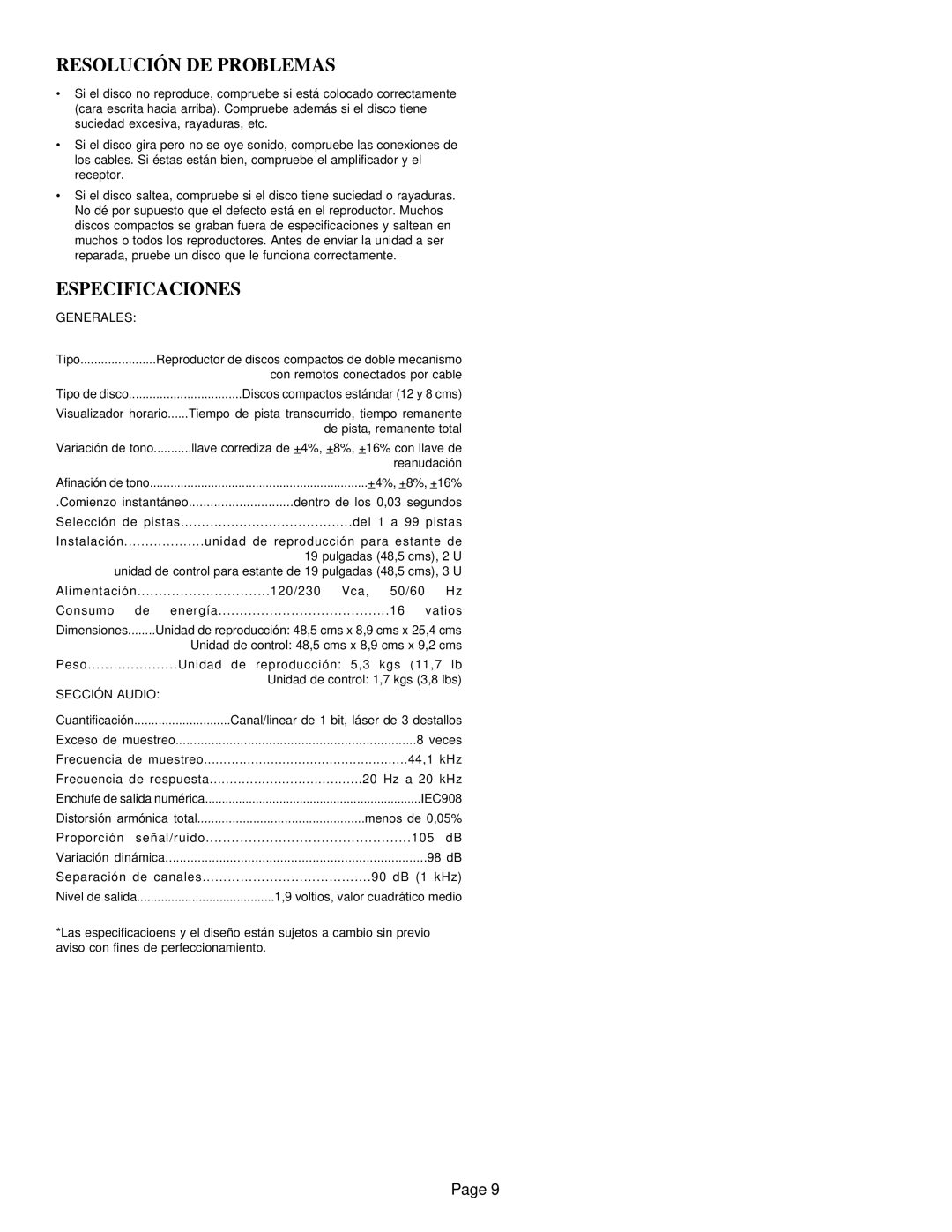 Gemini CD-9800 manual Resolución DE Problemas, Especificaciones, Generales, Sección Audio 