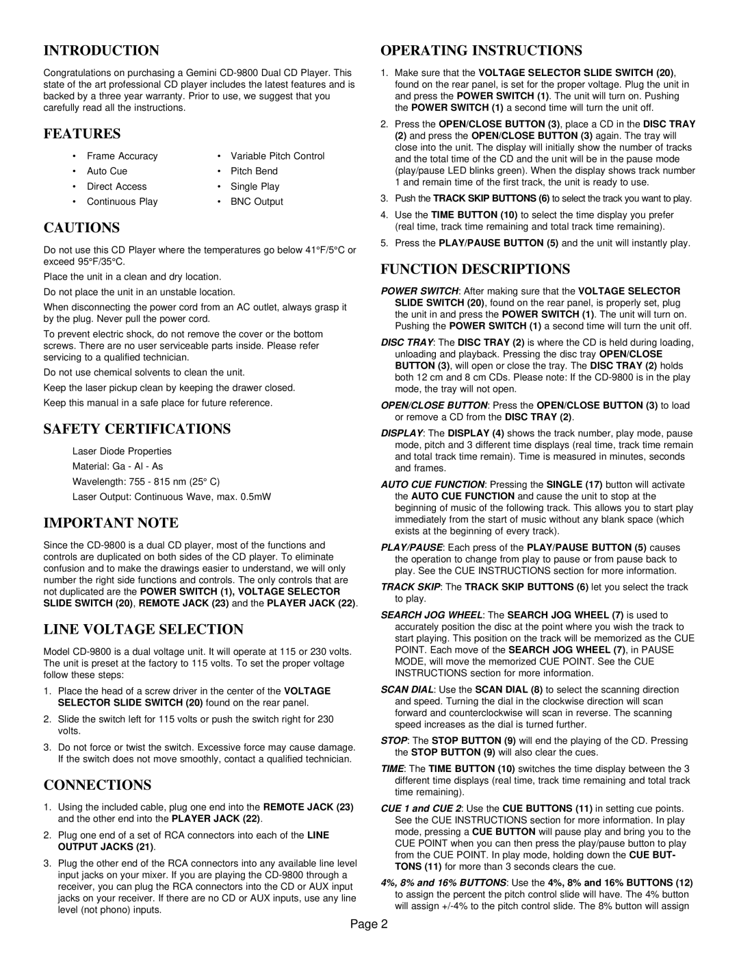 Gemini CD-9800 manual Introduction, Features, Safety Certifications, Important Note, Line Voltage Selection, Connections 