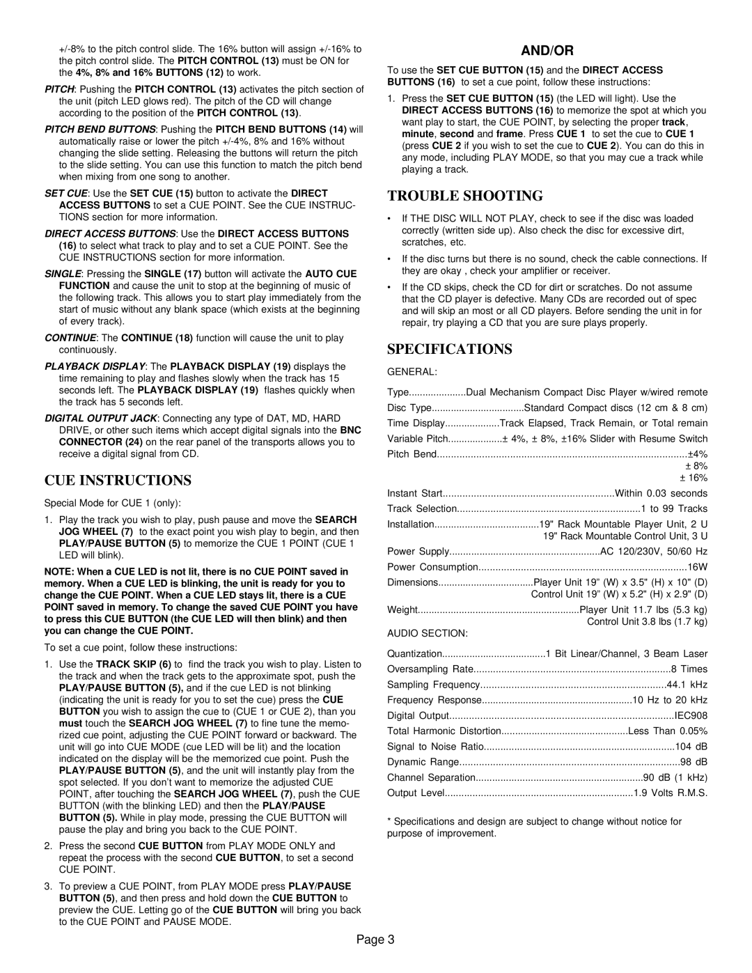 Gemini CD-9800 manual CUE Instructions, Trouble Shooting, Specifications 