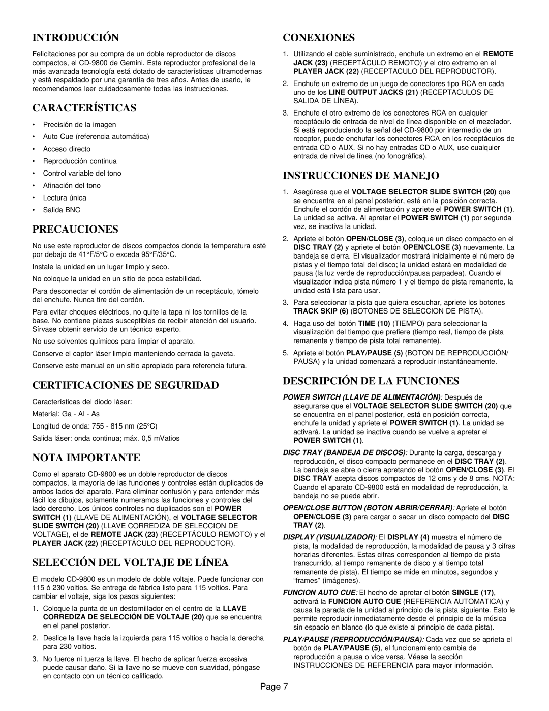 Gemini CD-9800 Introducción, Características, Precauciones, Certificaciones DE Seguridad, Nota Importante, Conexiones 