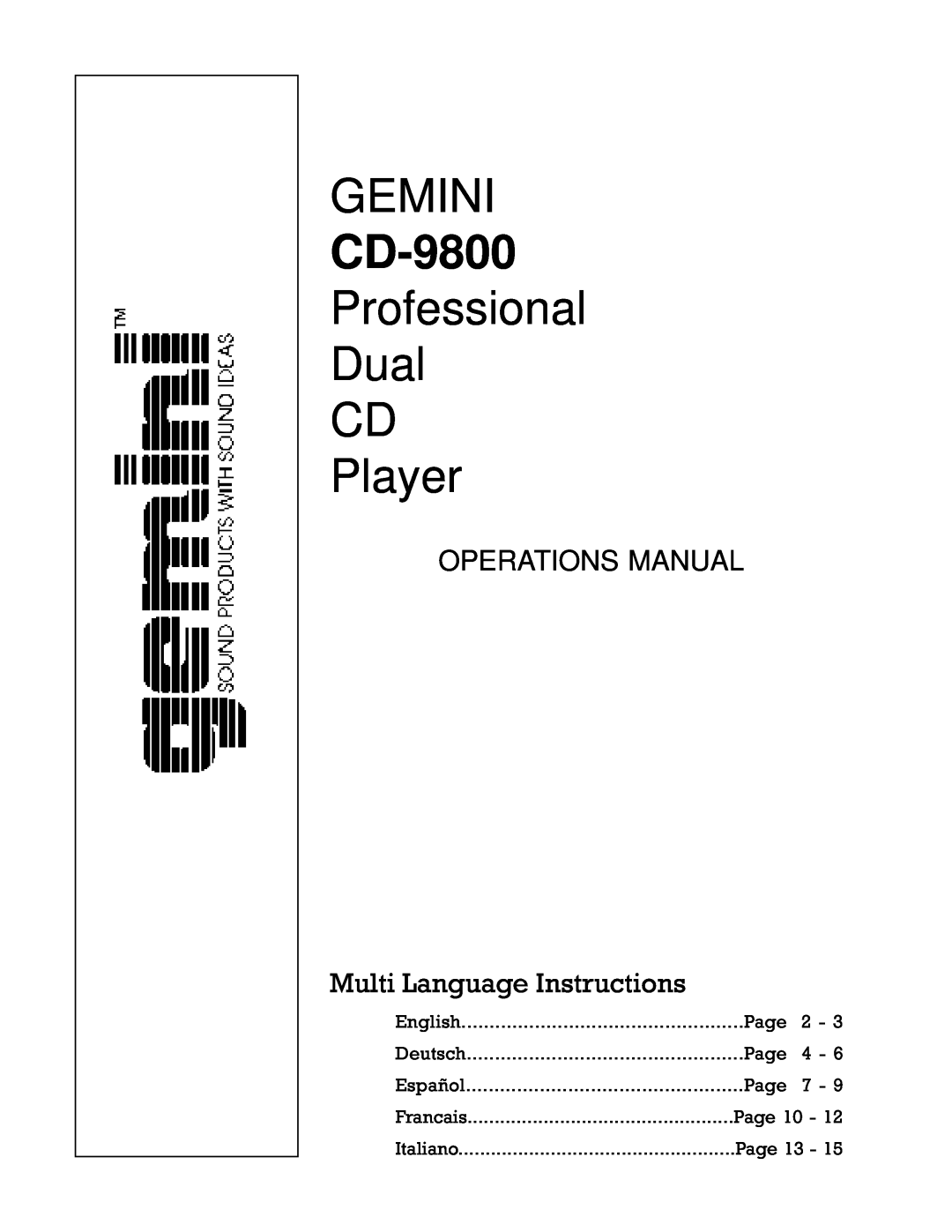 Gemini CD-9800 manual Gemini, Professional Dual CD Player, OPERATIONS MANUAL Multi Language Instructions 