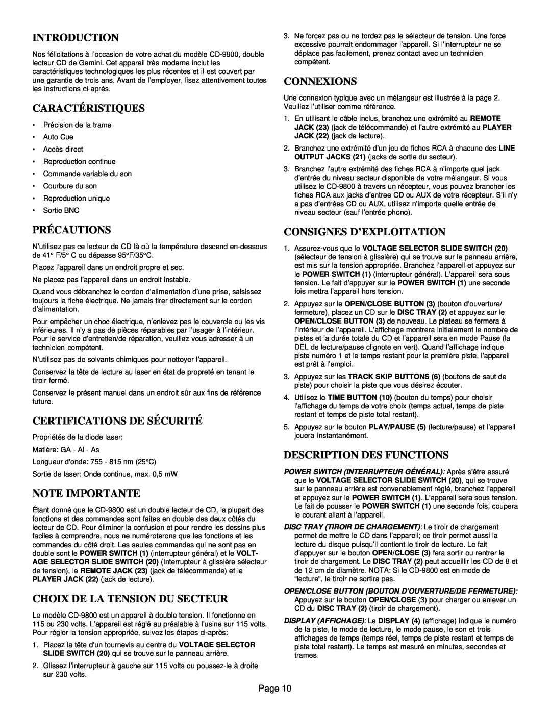 Gemini CD-9800 Caractéristiques, Connexions, Précautions, Certifications De Sécurité, Note Importante, Introduction, Page 