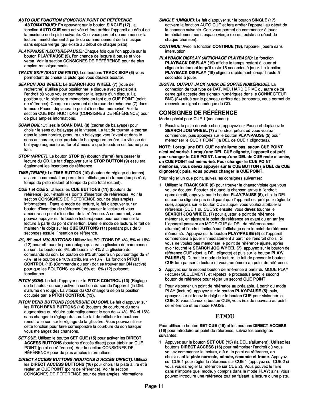 Gemini CD-9800 manual Et/Ou, Consignes De Référence, Page 