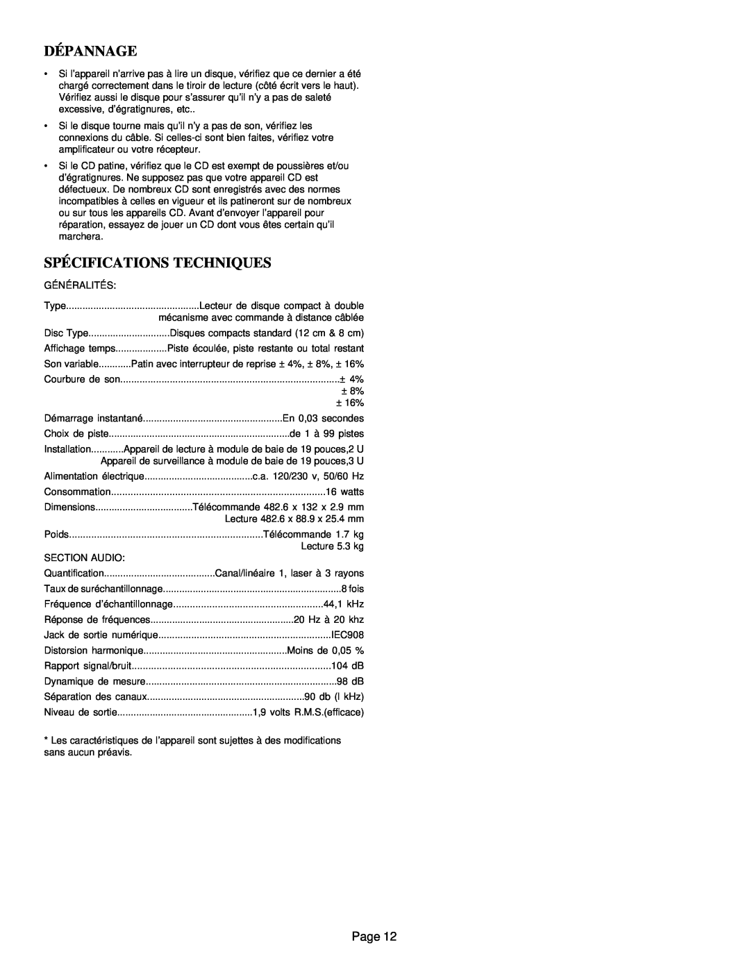 Gemini CD-9800 manual Dépannage, Spécifications Techniques, Page 