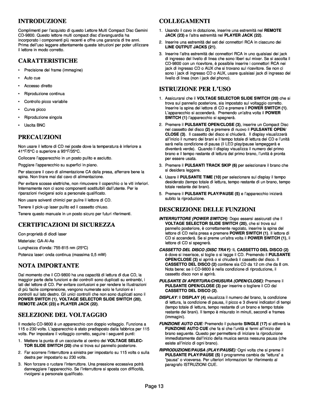 Gemini CD-9800 Introduzione, Caratteristiche, Precauzioni, Certificazioni Di Sicurezza, Selezione Del Voltaggio, Page 