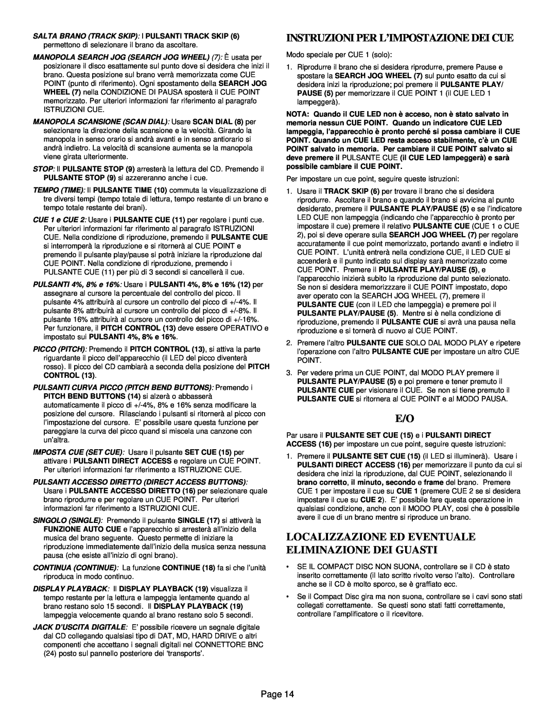 Gemini CD-9800 manual Instruzioni Per L’Impostazione Dei Cue, Page 