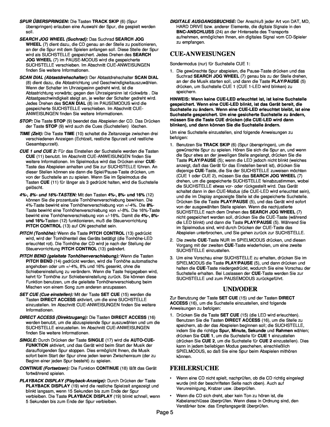 Gemini CD-9800 manual Cue-Anweisungen, Und/Oder, Fehlersuche, Page 