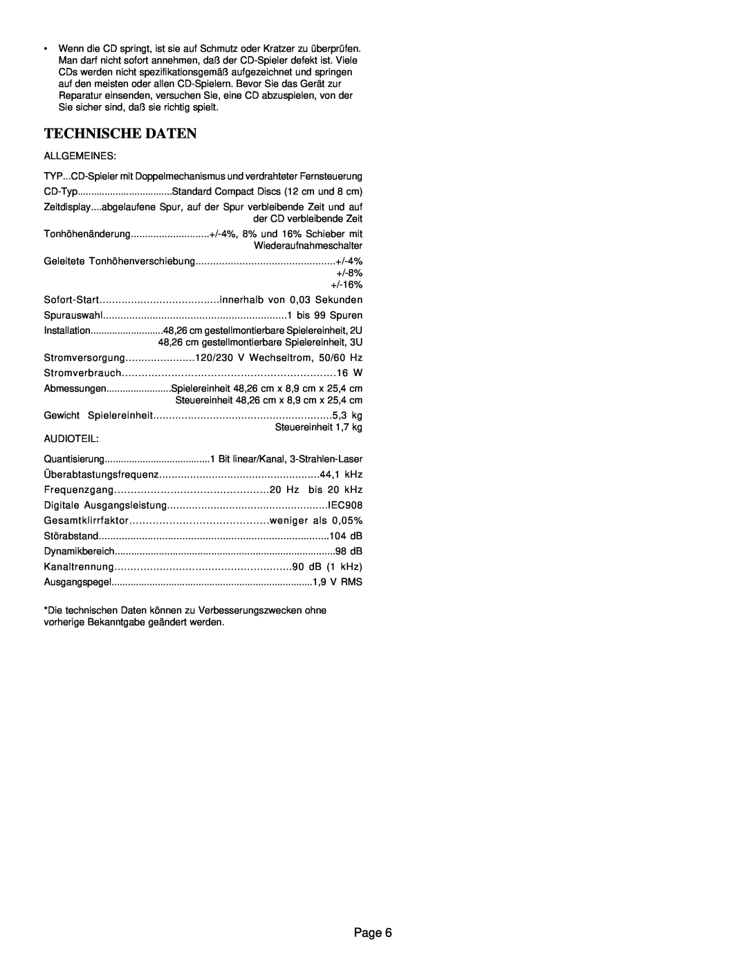 Gemini CD-9800 manual Technische Daten, Page 