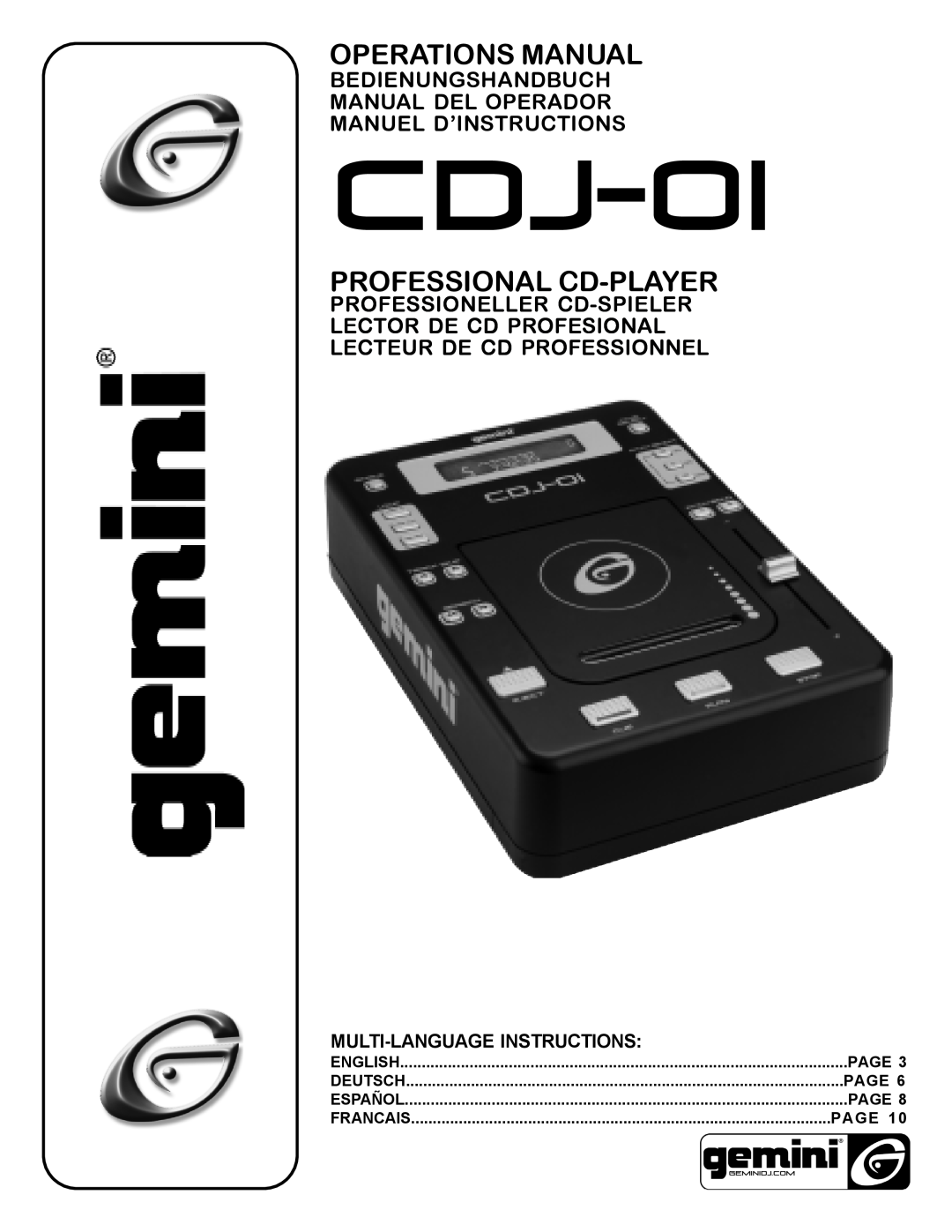 Gemini CDJ-01 manual Multi-Languageinstructions, CDJ-0I, Operations Manual, Professional Cd-Player, Manuel D’Instructions 