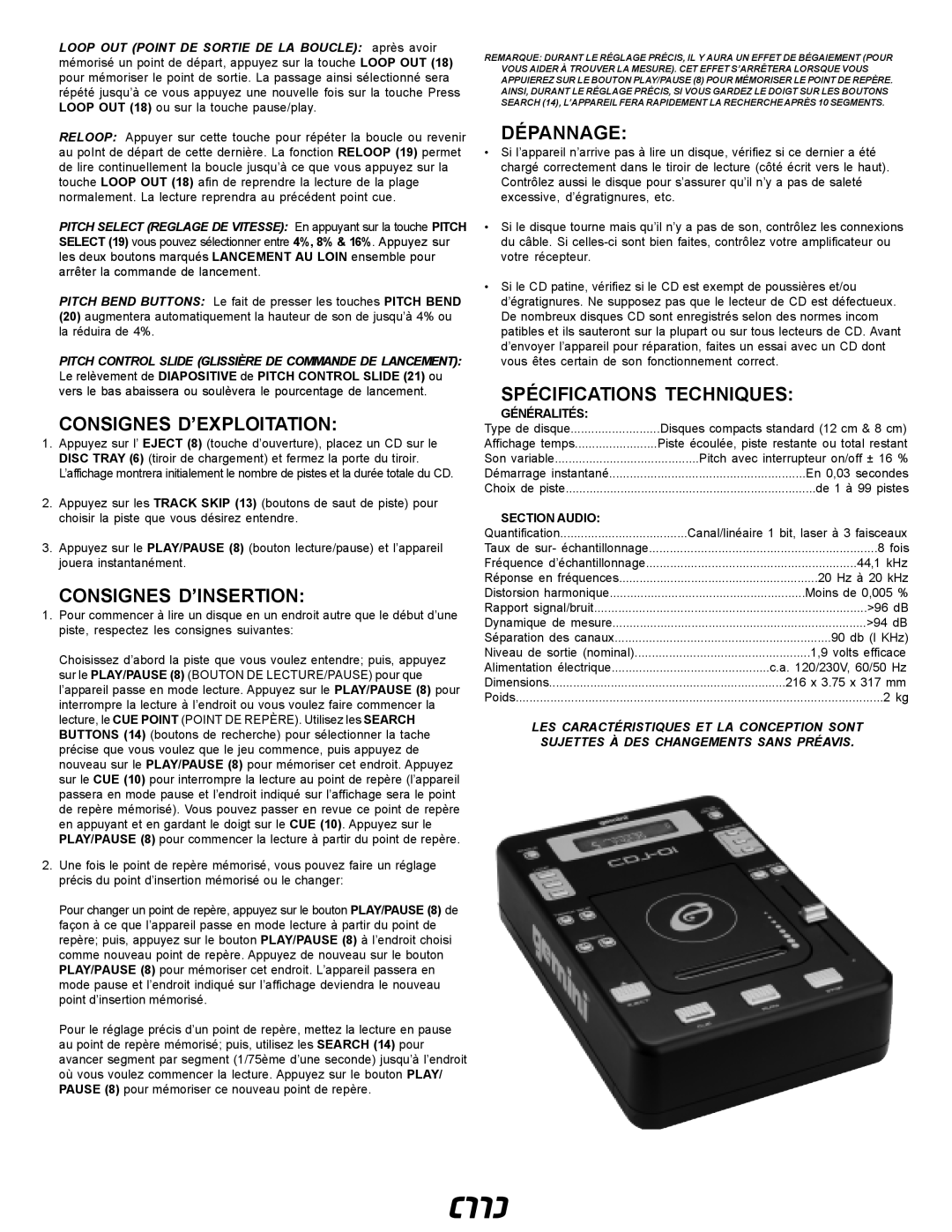 Gemini CDJ-01 manual Consignes D’Exploitation, Consignes D’Insertion, Dépannage, Spécifications Techniques, Généralités 