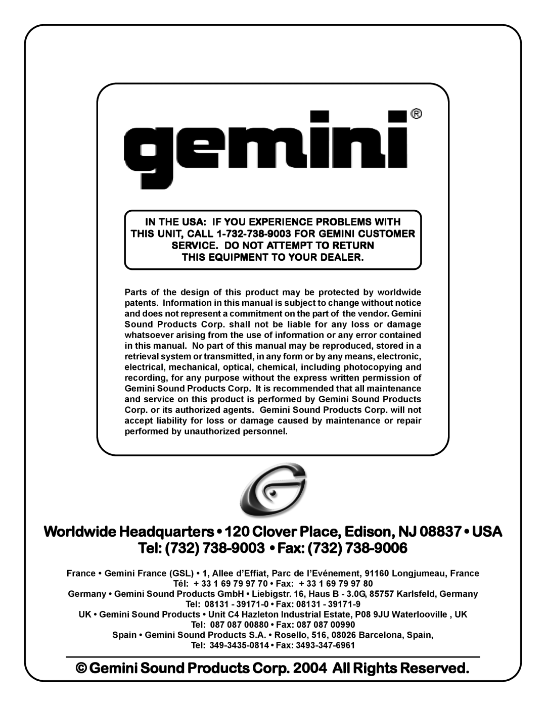 Gemini CDJ-01 manual In The Usa If You Experience Problems With, THIS UNIT, CALL 1-732-738-9003FOR GEMINI CUSTOMER 