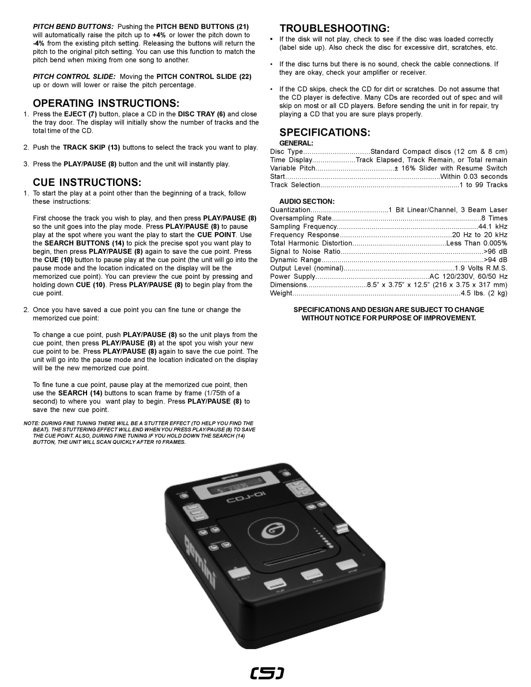 Gemini CDJ-01 manual Operating Instructions, Cue Instructions, Troubleshooting, Specifications, General, Audio Section 