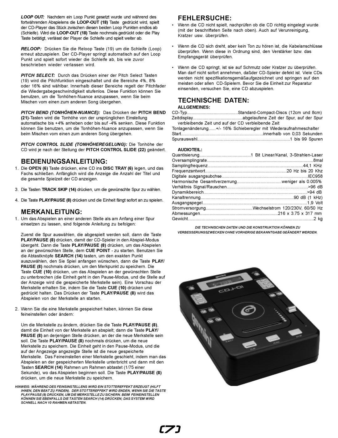 Gemini CDJ-01 manual Bedienungsanleitung, Merkanleitung, Fehlersuche, Technische Daten, Allgemeines, Audioteil 
