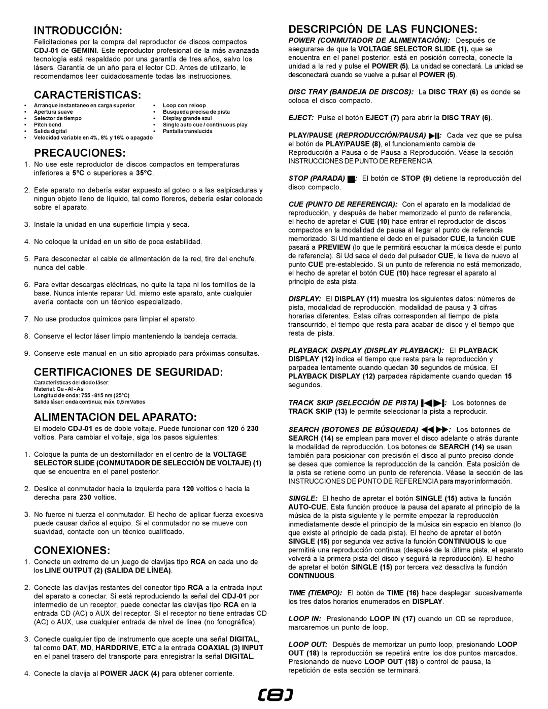Gemini CDJ-01 manual Introducción, Características, Precauciones, Certificaciones De Seguridad, Alimentacion Del Aparato 