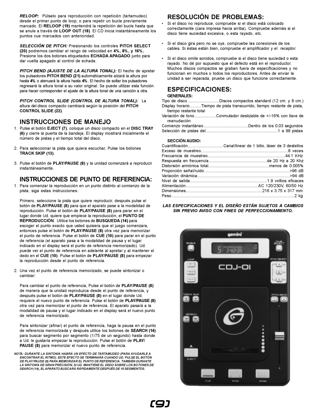 Gemini CDJ-01 Instrucciones De Manejo, Resolución De Problemas, Especificaciones, Instrucciones De Punto De Referencia 