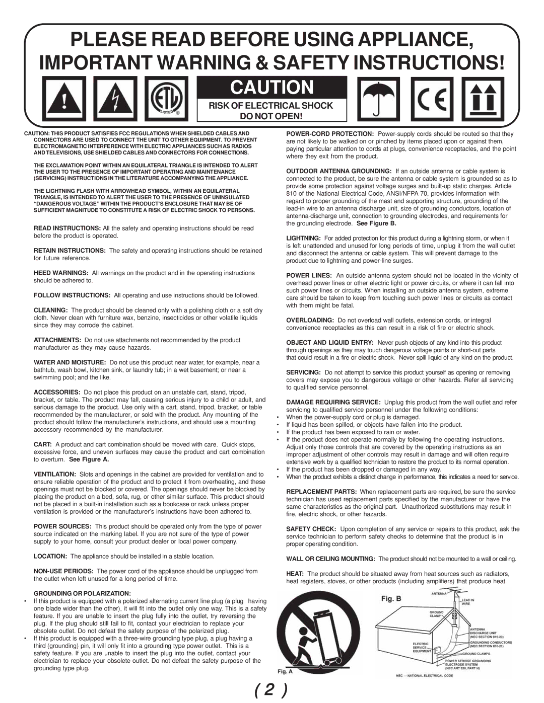 Gemini CDJ-02 manual Risk of Electrical Shock Do not Open, Grounding or Polarization 