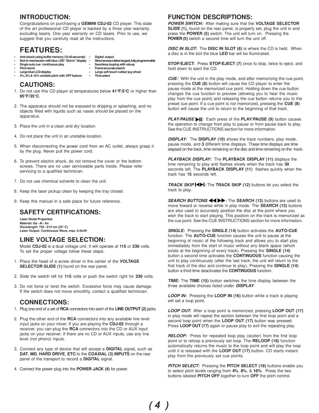 Gemini CDJ-02 manual Introduction, Safety Certifications, Line Voltage Selection, Connections, Function Descriptions 