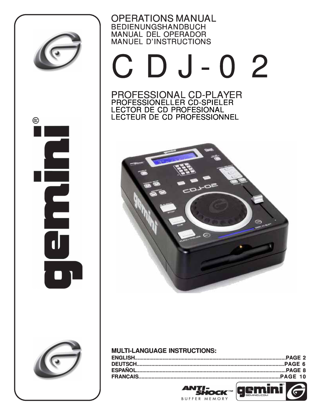 Gemini CDJ-02 manual Bedienungshandbuch Manual Del Operador Manuel D’Instructions, Lecteur De Cd Professionnel, English 