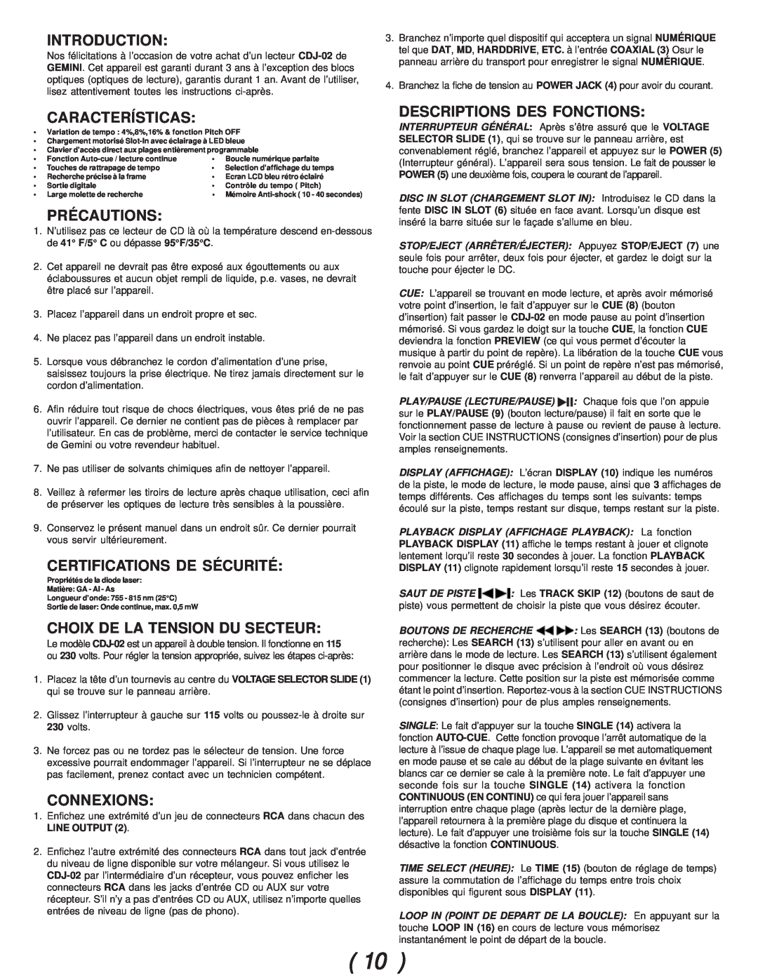 Gemini CDJ-02 manual Características, Précautions, Certifications De Sécurité, Choix De La Tension Du Secteur, Connexions 
