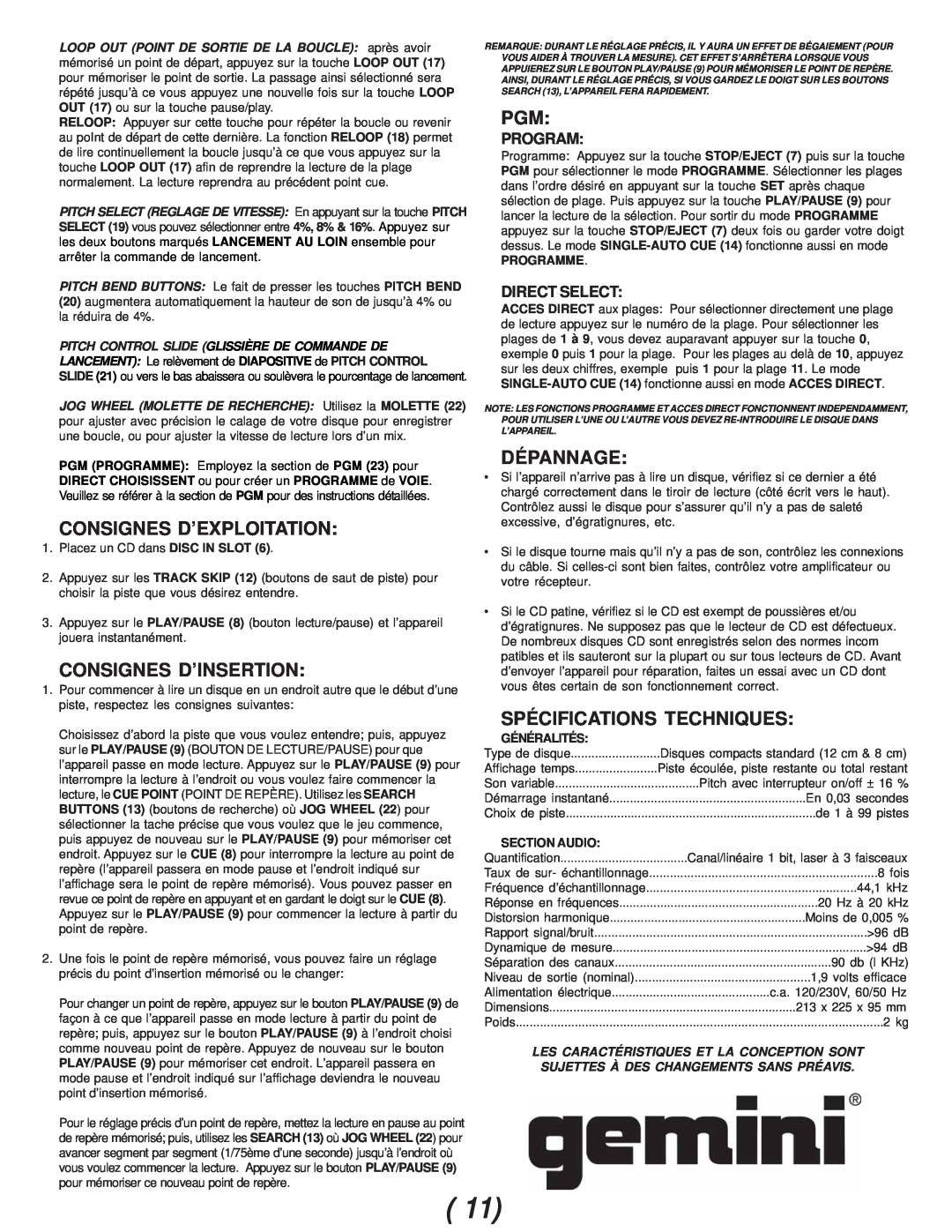 Gemini CDJ-02 manual Consignes D’Exploitation, Consignes D’Insertion, Dépannage, Spécifications Techniques, Programme 