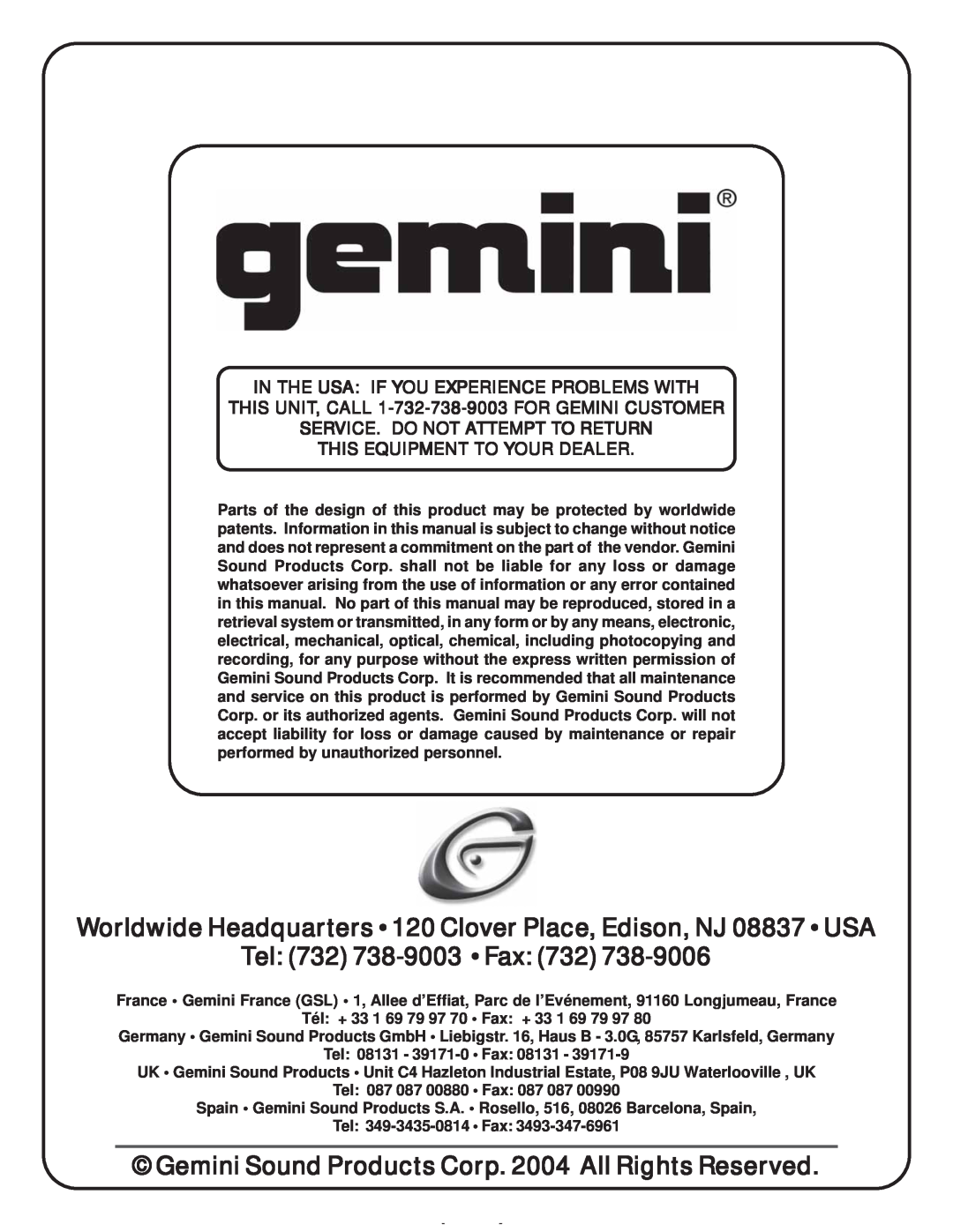 Gemini CDJ-02 manual In The Usa If You Experience Problems With, THIS UNIT, CALL 1-732-738-9003 FOR GEMINI CUSTOMER 