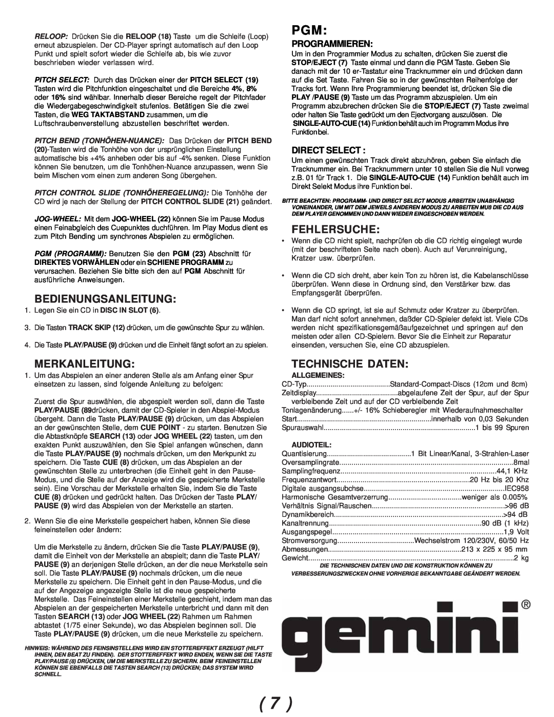 Gemini CDJ-02 Bedienungsanleitung, Fehlersuche, Merkanleitung, Technische Daten, Programmieren, Direct Select, Allgemeines 