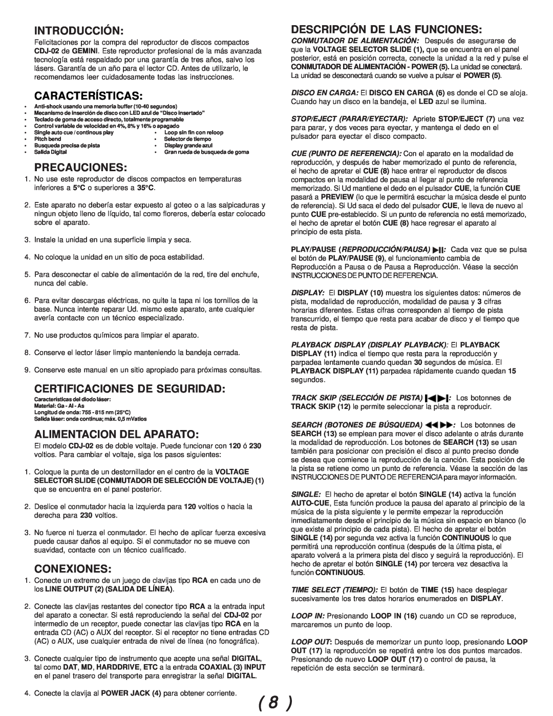 Gemini CDJ-02 manual Introducción, Precauciones, Certificaciones De Seguridad, Alimentacion Del Aparato, Conexiones 