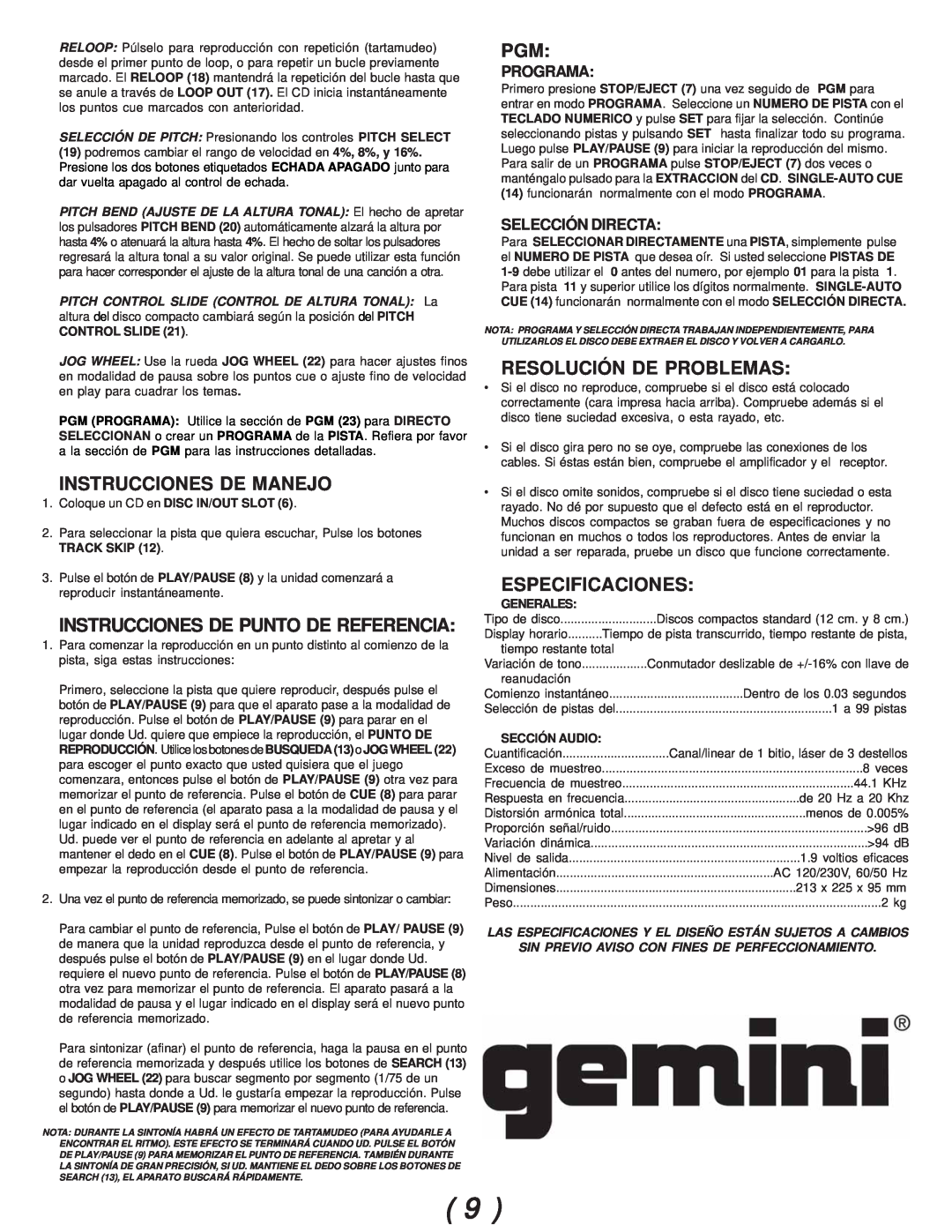Gemini CDJ-02 Instrucciones De Manejo, Resolución De Problemas, Especificaciones, Instrucciones De Punto De Referencia 