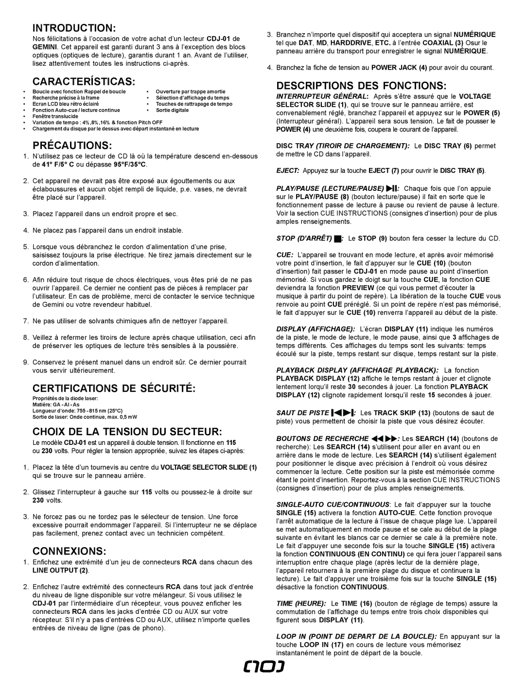 Gemini CDJ-0I manual Précautions, Certifications DE Sécurité, Choix DE LA Tension DU Secteur, Connexions 