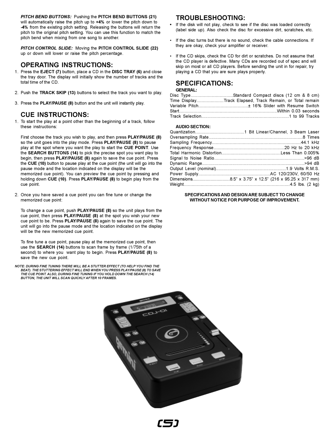 Gemini CDJ-0I manual Operating Instructions, CUE Instructions, Troubleshooting, Specifications 