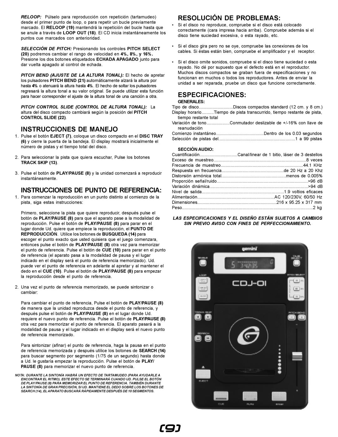 Gemini CDJ-0I manual Instrucciones DE Manejo, Resolución DE Problemas, Especificaciones, Generales, Sección Audio 