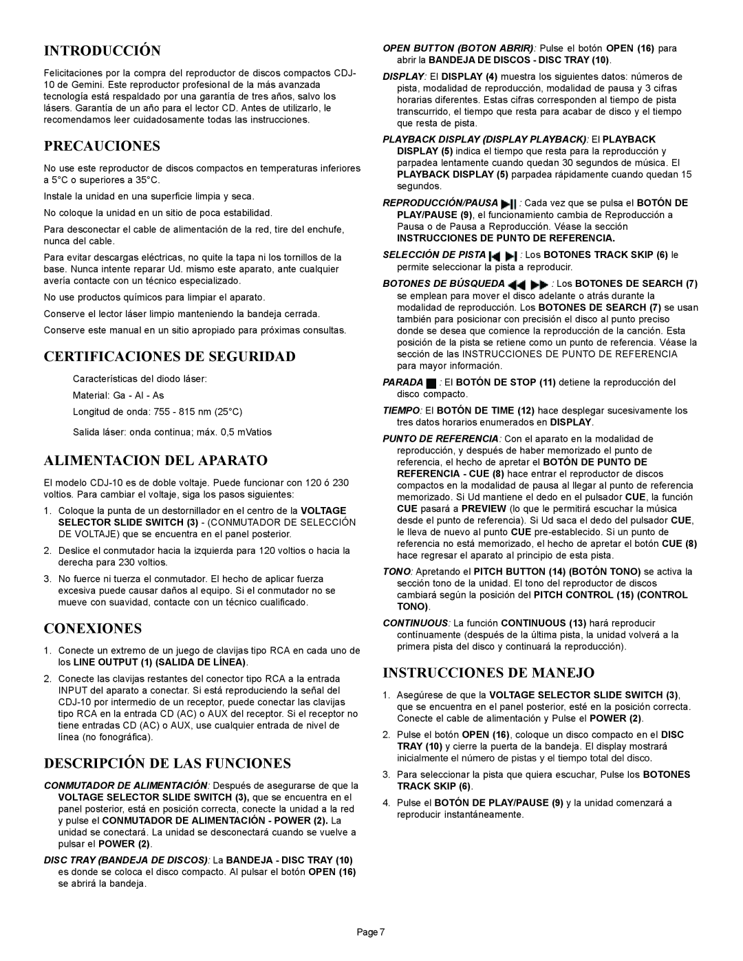 Gemini CDJ-10 manual Introducción, Precauciones, Certificaciones DE Seguridad, Alimentacion DEL Aparato, Conexiones 